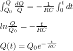 \int _{Q_{0}}^{Q}  \frac{dQ}{Q} =- \frac{1}{RC} \int_{0}^{t} dt \\\\ ln  \frac{Q}{Q_{0}} =- \frac{t}{RC} \\\\ Q(t) = Q_{0} e^{- \frac{t}{RC} }