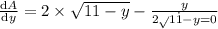 \frac{\mathrm{d} A}{\mathrm{d} y}=2\times \sqrt{11-y}-\frac{y}{2\dot \sqrt{11-y}}=0