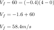 V_{f}-60=(-0.4)(4-0)\\ \\V_{f}=-1.6+60\\ \\V_{f}=58.4m/s