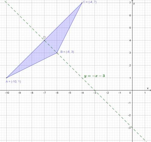 The vertices of an isosceles triangle are (-10,1 ), b(-6, 3), and c(-4, 7) what is the equation of t