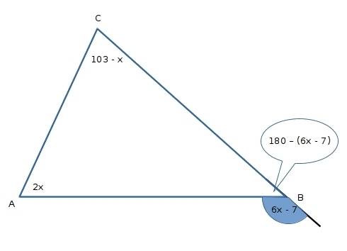 The measure of the exterior angle at b is(6x-7) degrees.angle cab is (2x) degrees and angle bca is (