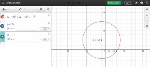 How long is the diameter of a circle with center c at (-2,5) and point m (6,-1) on the circumference