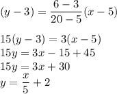 (y-3) = \displaystyle\frac{6-3}{20-5}(x-5)\\\\15(y-3)= 3(x-5)\\15y = 3x-15+45\\15y = 3x + 30\\y = \frac{x}{5}+2