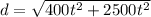d = \sqrt{400t^2+2500t^2}