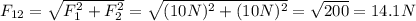 F_{12} =  \sqrt{F_1^2+F_2^2}= \sqrt{(10 N)^2+(10 N)^2}= \sqrt{200}=14.1 N