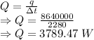 Q=\frac{q}{\Delta t}\\\Rightarrow Q=\frac{8640000}{2280}\\\Rightarrow Q=3789.47\ W