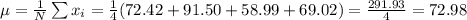 \mu =   \frac{1}{N} \sum x_i = \frac{1}{4}(72.42+91.50+58.99+69.02) = \frac{291.93}{4}=72.98 $