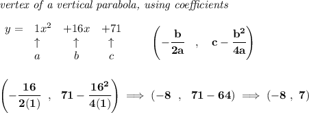 \bf \textit{vertex of a vertical parabola, using coefficients}&#10;\\\\&#10;\begin{array}{llcccl}&#10;y = & 1x^2& +16x& +71\\&#10;&\uparrow &\uparrow &\uparrow \\&#10;&a&b&c&#10;\end{array}&#10;\qquad &#10;\left(-\cfrac{ b}{2 a}\quad ,\quad   c-\cfrac{ b^2}{4 a}\right)&#10;\\\\\\&#10;\left( -\cfrac{16}{2(1)}~~,~~71-\cfrac{16^2}{4(1)} \right)\implies (-8~~,~~71-64)\implies (-8~,~7)