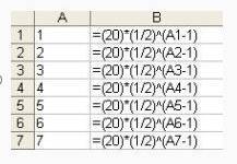 Which spreadsheet would be used to compute the first 7 terms of the geometric sequence an=20*(1/2)^n