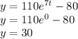y = 110e^{7t} - 80\\y = 110e^{0} - 80\\y=30