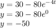 y = 30 - 80e^{-4t}\\y = 30 - 80e^{0}\\y=-50