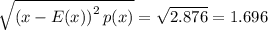 \sqrt{\left(x-E(x)\right)^2p(x)} = \sqrt{2.876} =1.696