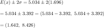 E(x)\pm2\sigma=5.034\pm2(1.696) \\  \\ =5.034\pm3.392=(5.034-3.392,\ 5.034+3.392) \\  \\ =(1.642,\ 8.426)
