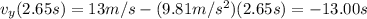 v_y(2.65 s) = 13 m/s - (9.81 m/s^2)(2.65 s)=-13.00 s