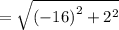 = \sqrt{ {( - 16)}^{2} +  {2}^{2}  }