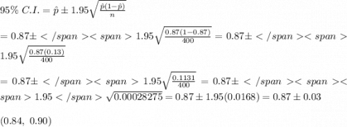 95\% \ C.I.=\hat{p}\pm1.95\sqrt{\frac{\hat{p}(1-\hat{p})}{n}}  \\  \\ =0.87\pm1.95\sqrt{\frac{0.87(1-0.87)}{400}}=0.87\pm1.95\sqrt{\frac{0.87(0.13)}{400}} \\  \\ =0.87\pm1.95\sqrt{\frac{0.1131}{400}}=0.87\pm1.95\sqrt{0.00028275}=0.87\pm1.95(0.0168)=0.87\pm0.03 \\  \\ (0.84,\ 0.90)