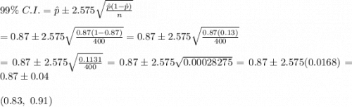 99\% \ &#10;C.I.=\hat{p}\pm2.575\sqrt{\frac{\hat{p}(1-\hat{p})}{n}}  \\  \\ &#10;=0.87\pm2.575\sqrt{\frac{0.87(1-0.87)}{400}}=0.87\pm2.575\sqrt{\frac{0.87(0.13)}{400}}&#10; \\  \\ &#10;=0.87\pm2.575\sqrt{\frac{0.1131}{400}}=0.87\pm2.575\sqrt{0.00028275}=0.87\pm2.575(0.0168)=0.87\pm0.04&#10; \\  \\ (0.83,\ 0.91)