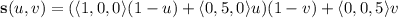 \mathbf s(u,v)=(\langle1,0,0\rangle(1-u)+\langle0,5,0\rangle u)(1-v)+\langle0,0,5\rangle v