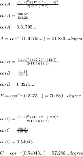 cosA= \frac{(13.7)^2+(12.2)^2 -(11.4)^2}{2(13.7)(12.2)} \\ \\ cosA= \frac{206.57}{334.28} \\ \\ cosA= 0.61795... \\ \\ A= cos^-^1 (0.61795...)= 51.833... degree\\ \\ \\ \\  cos B= \frac{(11.4)^2+(12.2)^2 -(13.7)^2}{2(11.4)(12.2)}\\ \\ cos B= \frac{91.11}{278.16} \\ \\ cos B= 0.3275...\\ \\ B= cos^-^1 (0.3275...)= 70.880... degree \\ \\ \\ \\ cos C= \frac{(11.4)^2+(13.7)^2 -(12.2)^2}{2(11.4)(13.7)}\\ \\ cos C= \frac{168.81}{312.36} \\ \\ cos C= 0.54043...\\ \\ C= cos^-^1 (0.54043...)= 57.286... degree