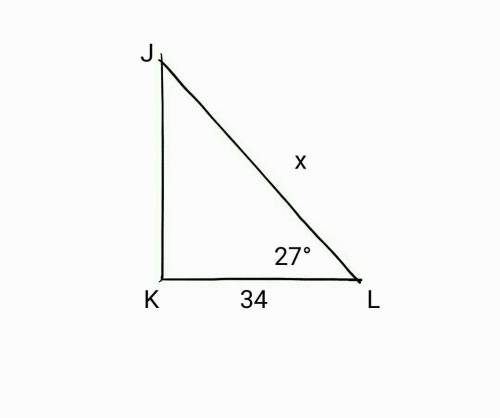 In δjkl, solve for x. triangle jkl where angle k is a right angle. kl measures 34. jl measures x. an