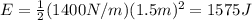 E=\frac{1}{2}(1400 N/m)(1.5 m)^2=1575 J