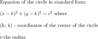 \text{Equation of the circle in standard form:}\\\\(x-h)^2+(y-k)^2=r^2\ \text{where}\\\\\text{(h; k) - coordinates of the center of the circle}\\\\\text{r-the radius}