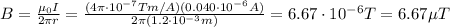 B= \frac{\mu_0 I}{2 \pi r}= \frac{(4 \pi \cdot 10^{-7} Tm/A)(0.040 \cdot 10^{-6} A)}{2 \pi (1.2 \cdot 10^{-3} m)}=6.67 \cdot 10^{-6} T = 6.67 \mu T