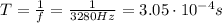 T=\frac{1}{f}=\frac{1}{3280 Hz}=3.05 \cdot 10^{-4}s