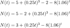 N(t)=5+(0.25t)^3-2-8(1.06)^t\\\\N(t)=5-2+(0.25t)^3-8(1.06)^t\\\\N(t)=3+(0.25t)^3-8(1.06)^t