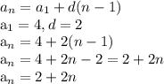 a_{n}=a_{1}+d(n-1)&#10;&#10;a_{1}=4, d=2&#10;&#10;a_{n}= 4+2(n-1)&#10;&#10;a_{n}=4+2n-2=2+2n&#10;&#10;a_{n} = 2+2n