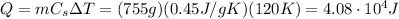 Q=mC_s \Delta T=(755 g)(0.45 J/gK)(120 K)=4.08 \cdot 10^4 J
