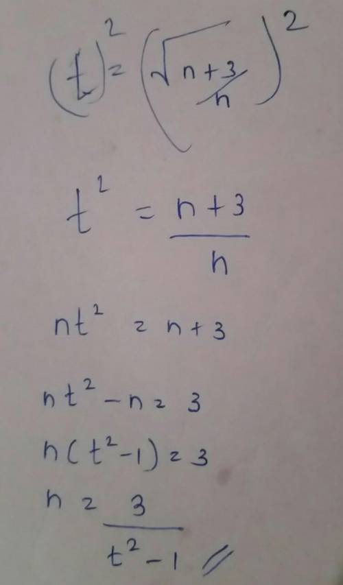 Make n the subject of the formula t= square root of n+3/n