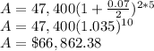 A=47,400(1+\frac{0.07}{2})^{2*5}\\A=47,400(1.035)^{10}\\A=\$66,862.38
