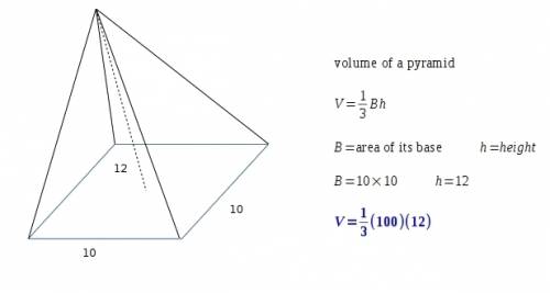 Apyramid with a square base that is 10 cm on a side has a height of 12 cm. the volume of the pyramid