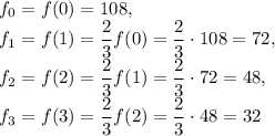 f_0=f(0)=108,\\f_1=f(1)=\dfrac{2}{3}f(0)= \dfrac{2}{3}\cdot 108=72,\\f_2=f(2)=\dfrac{2}{3}f(1)= \dfrac{2}{3}\cdot 72=48,\\ f_3=f(3)=\dfrac{2}{3}f(2)= \dfrac{2}{3}\cdot 48=32