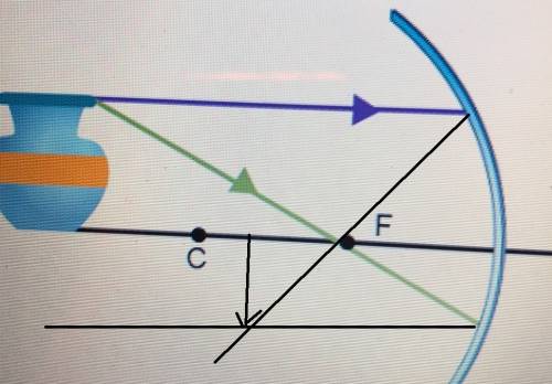 The ray diagram shows a vase that is placed beyond the center of curvature of a concave mirror.  whi
