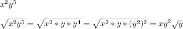 x^{2}y^{5}\\\\ \sqrt{x^{2}y^{5}} =  \sqrt{x^{2}*y*y^{4}}= \sqrt{x^{2}*y*({y^{2})^{2}} }=xy^{2} \sqrt{y}