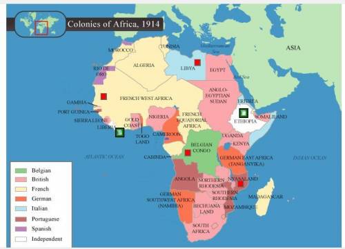 Select the two african regions on the map that remained independent through the nineteenth century.