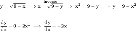 \bf y=\sqrt{9-x}\implies \stackrel{inverse}{x=\sqrt{9-y}}\implies x^2=9-y\implies y=9-x^2&#10;\\\\\\&#10;\cfrac{dy}{dx}=0-2x^1\implies \cfrac{dy}{dx}=-2x