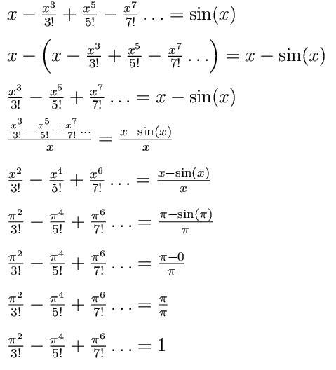 Calculate the sum of the series:  π²/3! -π^4/5! +π^6/7! -π^8/9! +π^10/