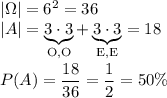 |\Omega|=6^2=36\\ |A|=\underbrace{3\cdot3}_{\text{O,O}}+\underbrace{3\cdot3}_{\text{E,E}}=18\\\\ P(A)=\dfrac{18}{36}=\dfrac{1}{2}=50\%