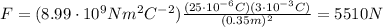 F=(8.99 \cdot 10^9 Nm^2C^{-2}) \frac{(25 \cdot 10^{-6}C)(3 \cdot 10^{-3}C)}{(0.35 m)^2}= 5510 N