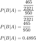 P(B|A)=\dfrac{\dfrac{465}{2321}}{\dfrac{950}{2321}}\\\\P(B|A)=\dfrac{465}{950}\\\\P(B|A)=0.4895