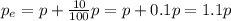 p_e=p+\frac{10}{100}p=p+0.1p=1.1p