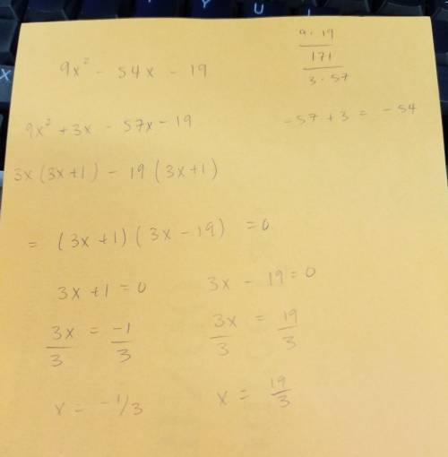 Which is a zero of the quadratic function f(x) = 9x2 – 54x – 19?  x = 1/3 x = 3 1/3 x = 6 1/3 x = 9