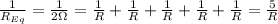 \frac{1}{R_{Eq} }= \frac{1}{2 \Omega}= \frac{1}{R}+ \frac{1}{R}   + \frac{1}{R}   + \frac{1}{R}   + \frac{1}{R}   =  \frac{5}{R}