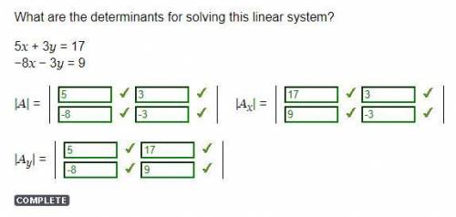 What are the determinants for solving this linear system?  5x + 3y = 17 −8x − 3y = 9 |a| = |ax| = |a