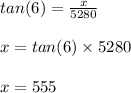 tan(6)=\frac{x}{5280}\\\\ x=tan(6) \times 5280\\\\ x = 555