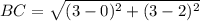 BC=\sqrt{(3-0)^2+(3-2)^2}