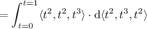 \displaystyle=\int_{t=0}^{t=1}\langle t^2,t^2,t^3\rangle\cdot\mathrm d\langle t^2,t^3,t^2\rangle